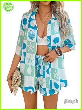 Boho Tropical Print Short Sleeve Shirt and Lounge Shorts 2 Piece Outfit Set